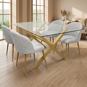 Comedor Mesa rectangular Medlock vidrio 140x90 cm con 4 Sillas Breda Lino