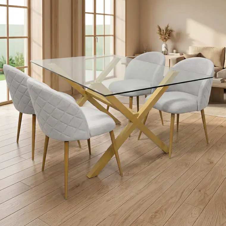 Comedor Mesa rectangular Medlock vidrio 140x90 cm con 4 Sillas Breda Lino 1
