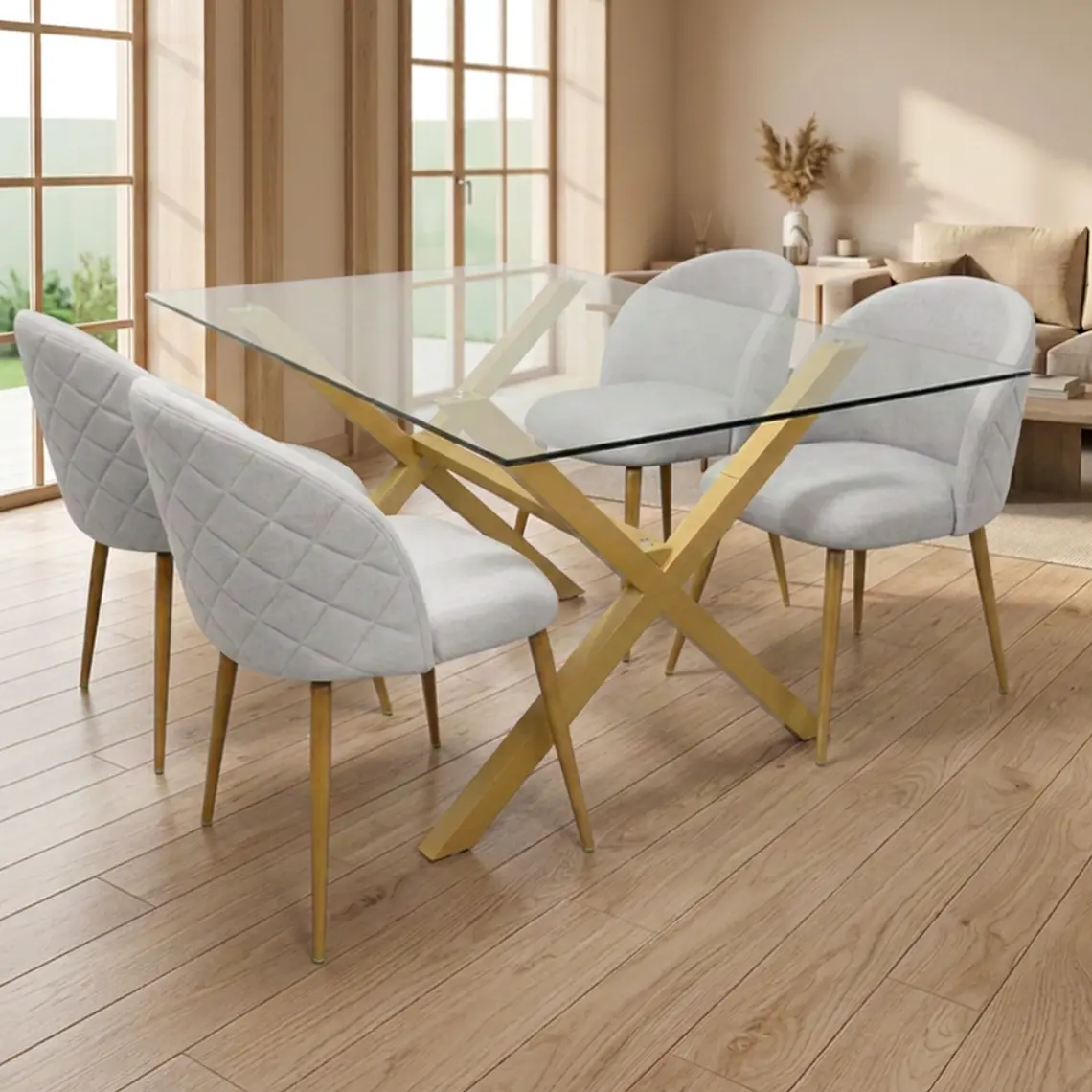Comedor Mesa rectangular Medlock vidrio 130x80 cm con 4 Sillas Breda Lino 2