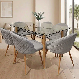 Comedor Mesa Yakarta rectangular vidrio 140x80 cm con 6 Sillas Breda Lino