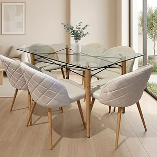 Comedor Mesa Yakarta rectangular vidrio 140x80 cm con 6 Sillas Breda Lino