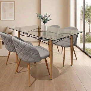 Comedor Mesa Yakarta rectangular vidrio 120x80 cm con 4 Sillas Breda Lino