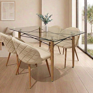 Comedor Mesa Yakarta rectangular vidrio 120x80 cm con 4 Sillas Breda Lino