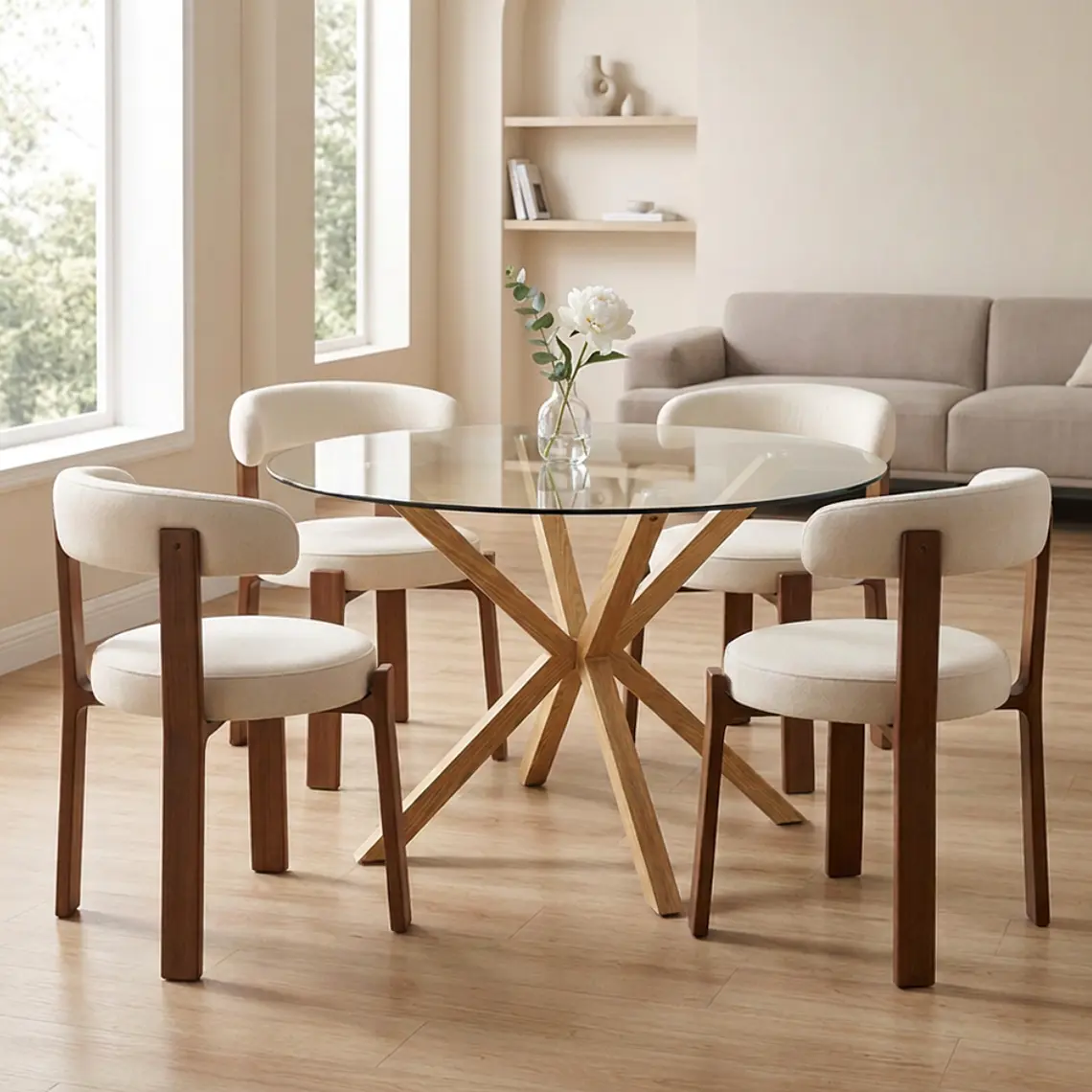 Comedor Mesa Asgard redondo vidrio 100 cm con 4 Sillas Sitiales Hania Respaldo Curvo - Blancas 1