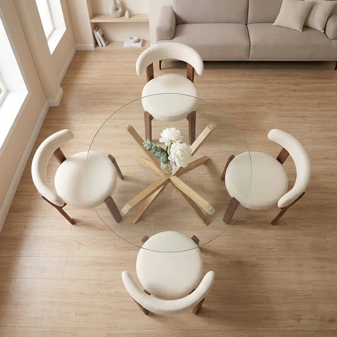 Comedor Mesa Asgard redondo vidrio 100 cm con 4 Sillas Sitiales Hania Respaldo Curvo - Blancas 2