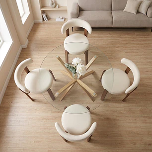 Comedor Mesa Asgard redondo vidrio 100 cm con 4 Sillas Sitiales Hania Respaldo Curvo - Blancas