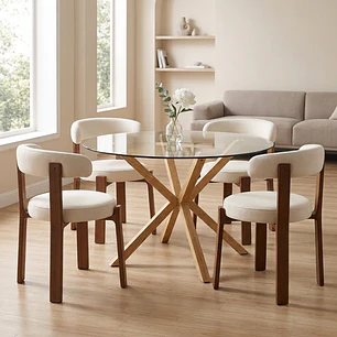 Comedor Mesa Asgard redondo vidrio 120 cm con 4 Sillas Sitiales Hania Respaldo Curvo - Blancas