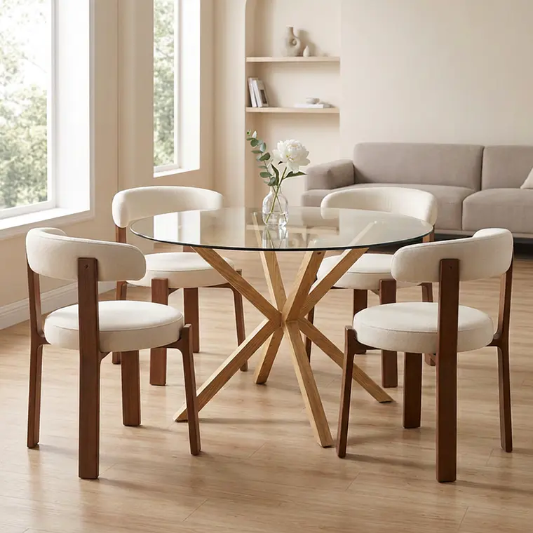 Comedor Mesa Asgard redondo vidrio 120 cm con 4 Sillas Sitiales Hania Respaldo Curvo - Blancas 1