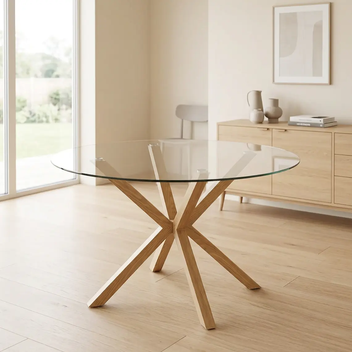 Comedor Mesa Asgard redondo vidrio 120 cm con 4 Sillas Sitiales Hania Respaldo Curvo - Blancas 3