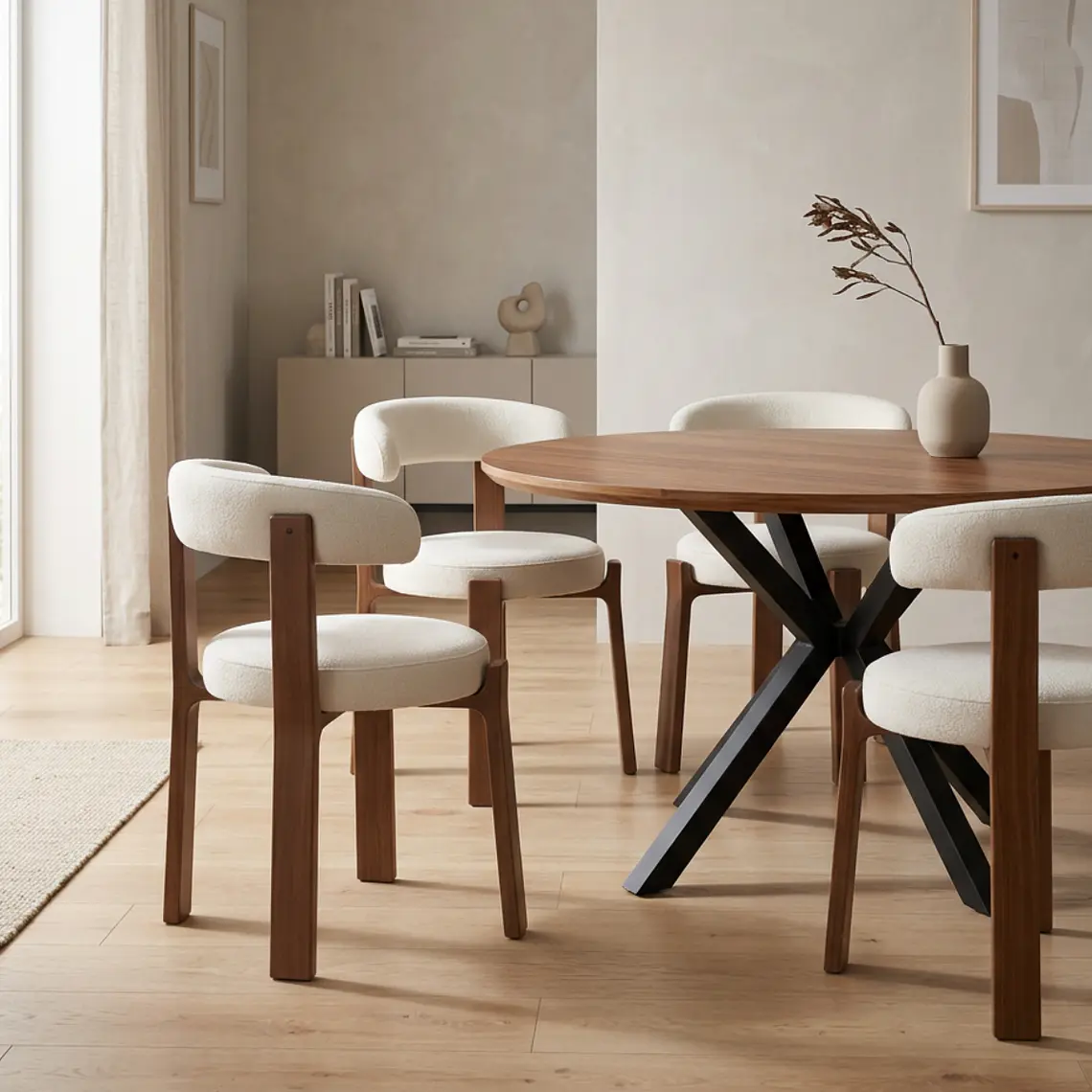 Comedor Mesa Asgard Rustik Black 120 cm con 4 Sillas Sitiales Hania Respaldo Curvo - Blancas 2