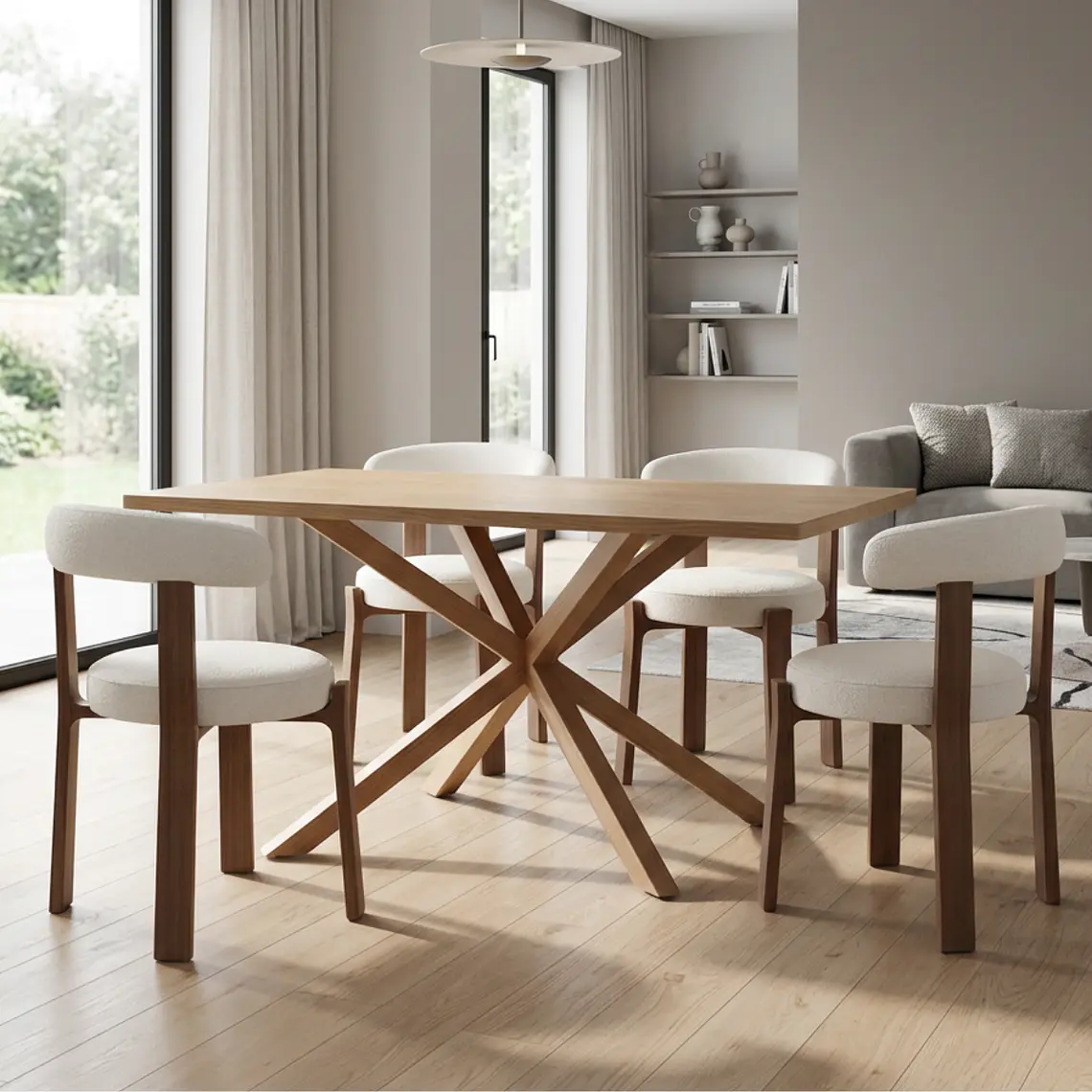 Comedor Mesa Asgard Wood rectangular Madera 140x90 cm con 4 Sillas Sitiales Hania Respaldo Curvo - Blancas 1