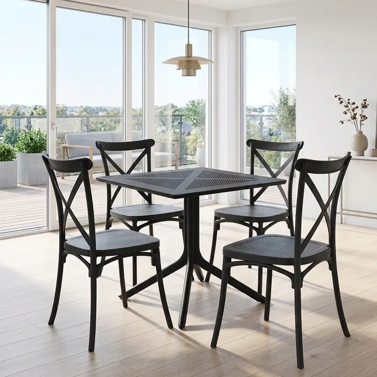 Comedor Mesa restaurant cafetería 80x80 cm con 4 Sillas Crossback Danubio Negras - Polipropileno 1