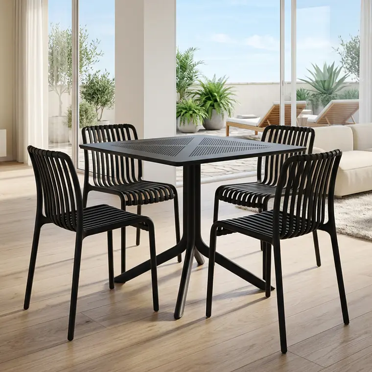 Comedor Mesa restaurant cafetería 80x80 cm con 4 Sillas de Terraza Ruan Negras- Polipropileno 1