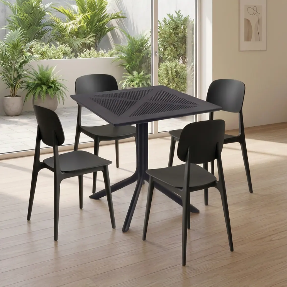 Comedor Mesa restaurant cafetería 80x80 cm con 4 Sillas de Terraza Garden Negras - Polipropileno  1