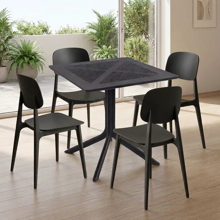 Comedor Mesa restaurant cafetería 80x80 cm con 4 Sillas de Terraza Garden Negras - Polipropileno  3