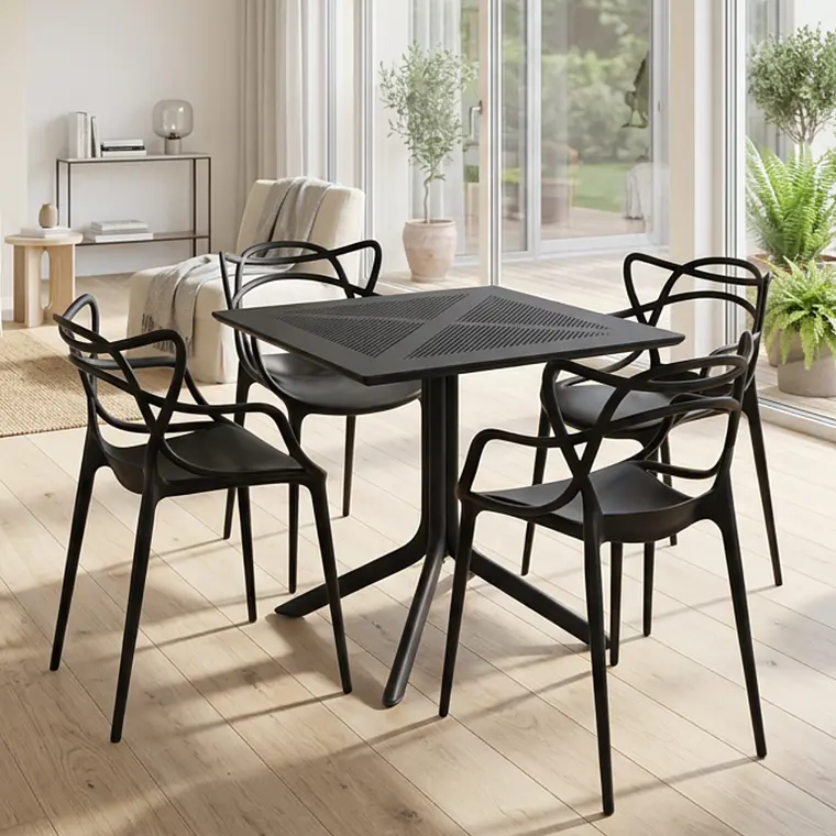 Comedor Mesa restaurant cafetería 80x80 cm con 4 Sillas Master Negras - Polipropileno 1