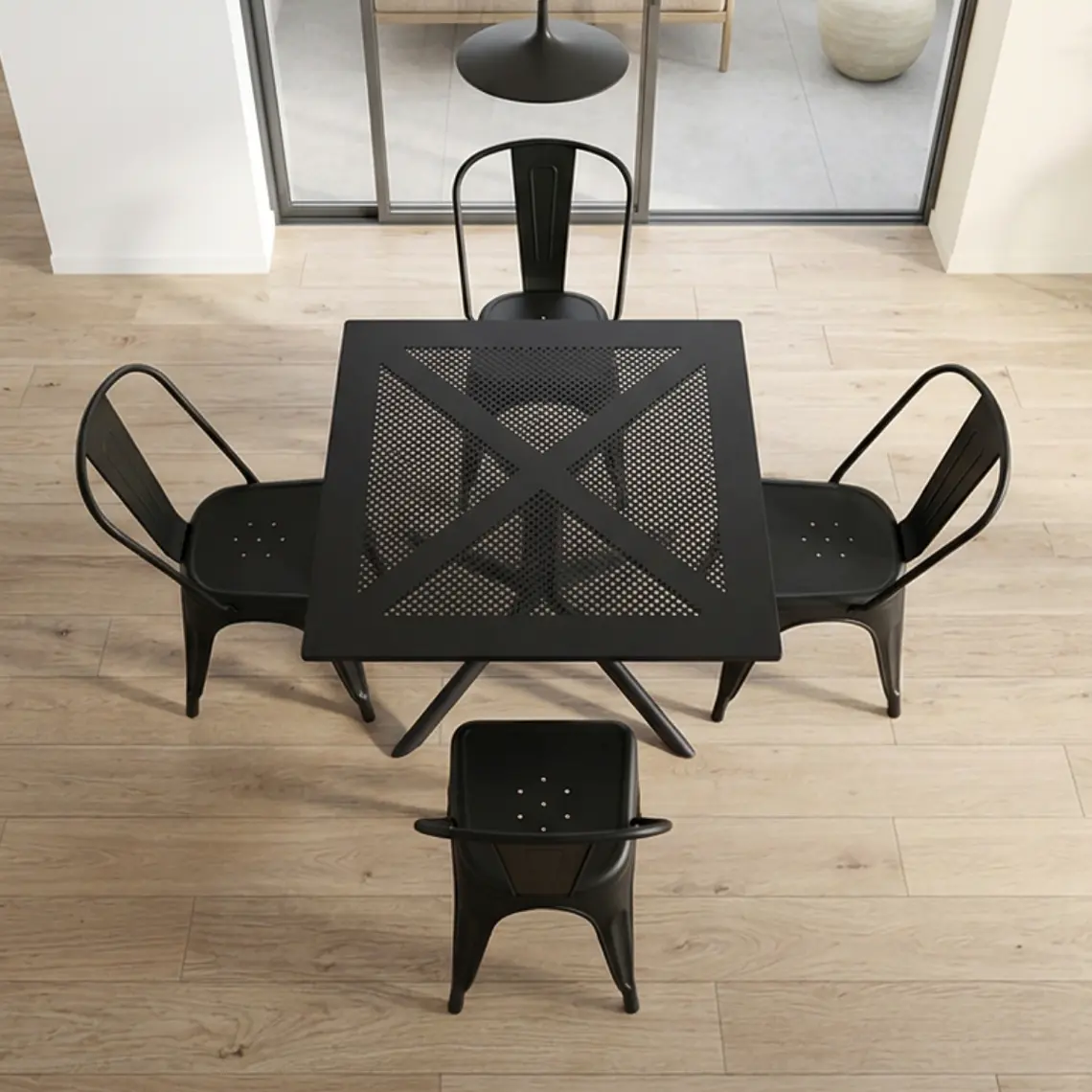 Comedor Mesa restaurant cafetería 80x80 cm con 4 Sillas Tolix Negras - Polipropileno 2