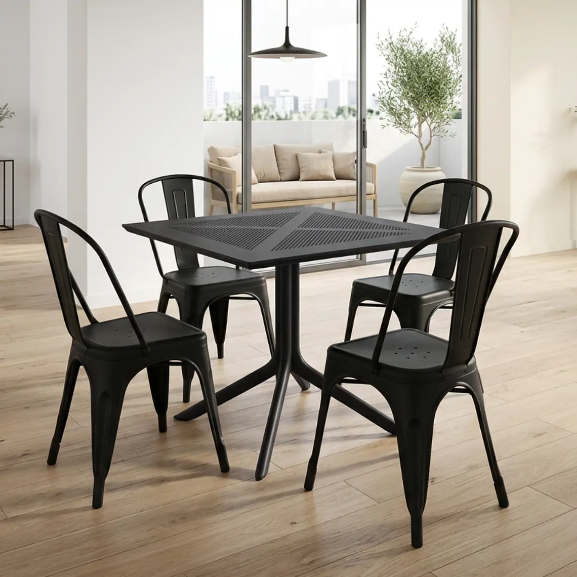 Comedor Mesa restaurant cafetería 80x80 cm con 4 Sillas Tolix Negras - Polipropileno 1