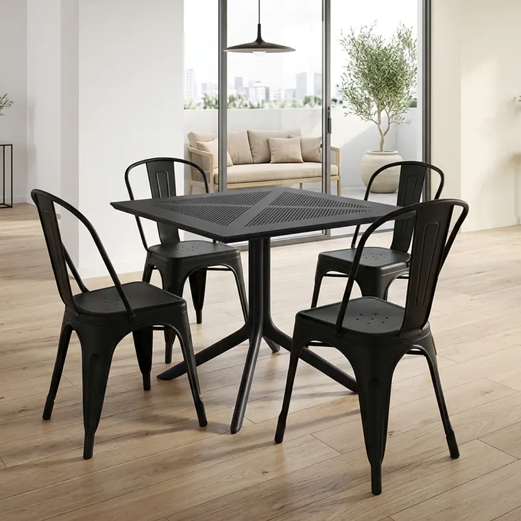 Comedor Mesa restaurant cafetería 80x80 cm con 4 Sillas Tolix Negras - Polipropileno 1