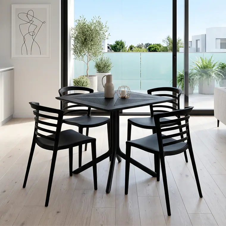 Comedor Mesa restaurant cafetería 80x80 cm con 4 Sillas Francia Negras - Polipropileno 1