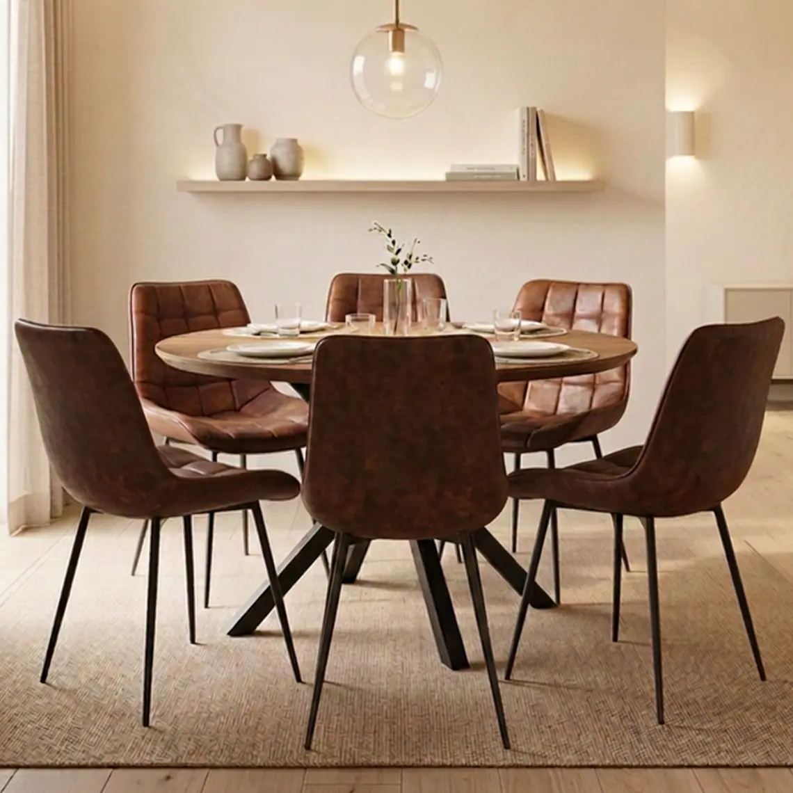 Comedor Mesa Asgard Rustik Black redondo 120 cm con 6 Sillas Capitone Black Vintage Café 1