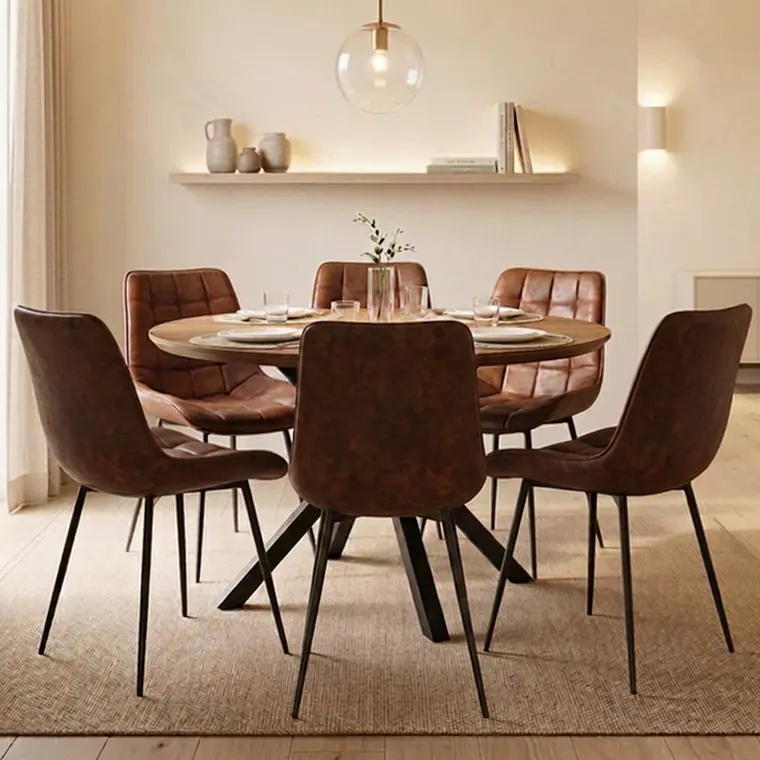 Comedor Mesa Asgard Rustik Black redondo 120 cm con 6 Sillas Capitone Black Vintage Café 1