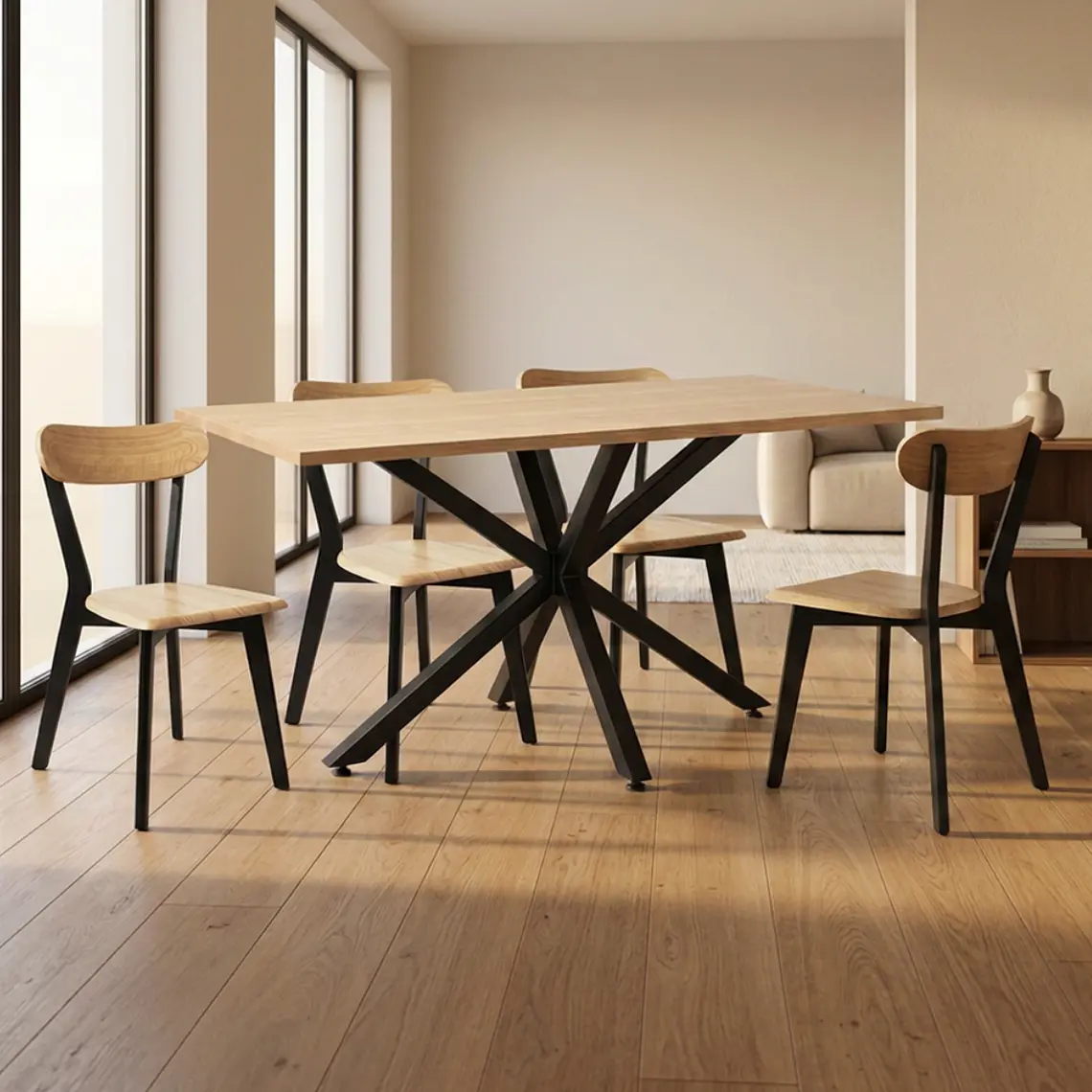 Comedor Mesa Asgard Black rectangular Madera 140x90 cm con 4 Sillas Slender Fresno - Madera  1