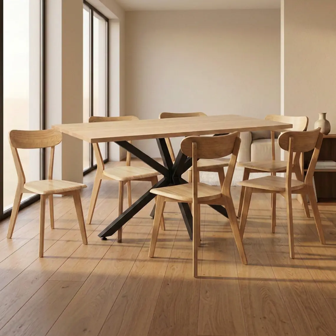 Comedor Mesa Asgard Black rectangular Madera 140x90 cm con 6 Sillas Slender Fresno - Madera 2
