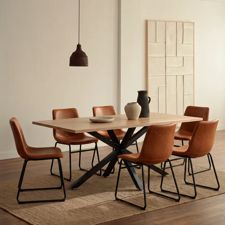 Comedor Mesa Asgard Black rectangular Madera 140x90 cm con 6 Sillas Burgos de Cuero Sintético y Metal Industrial 1