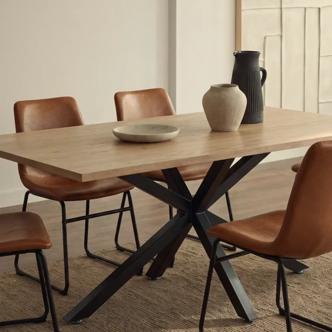Comedor Mesa Asgard Black rectangular Madera 160x90 cm con 6 Sillas Burgos de Cuero Sintético y Metal Industrial 3