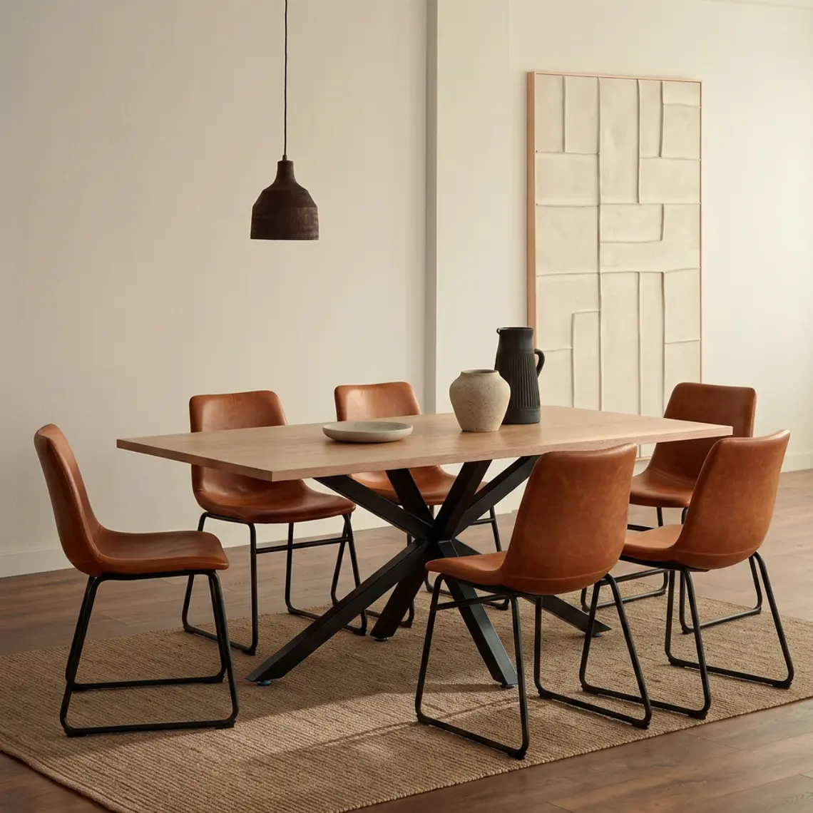 Comedor Mesa Asgard Black rectangular Madera 160x90 cm con 6 Sillas Burgos de Cuero Sintético y Metal Industrial 1