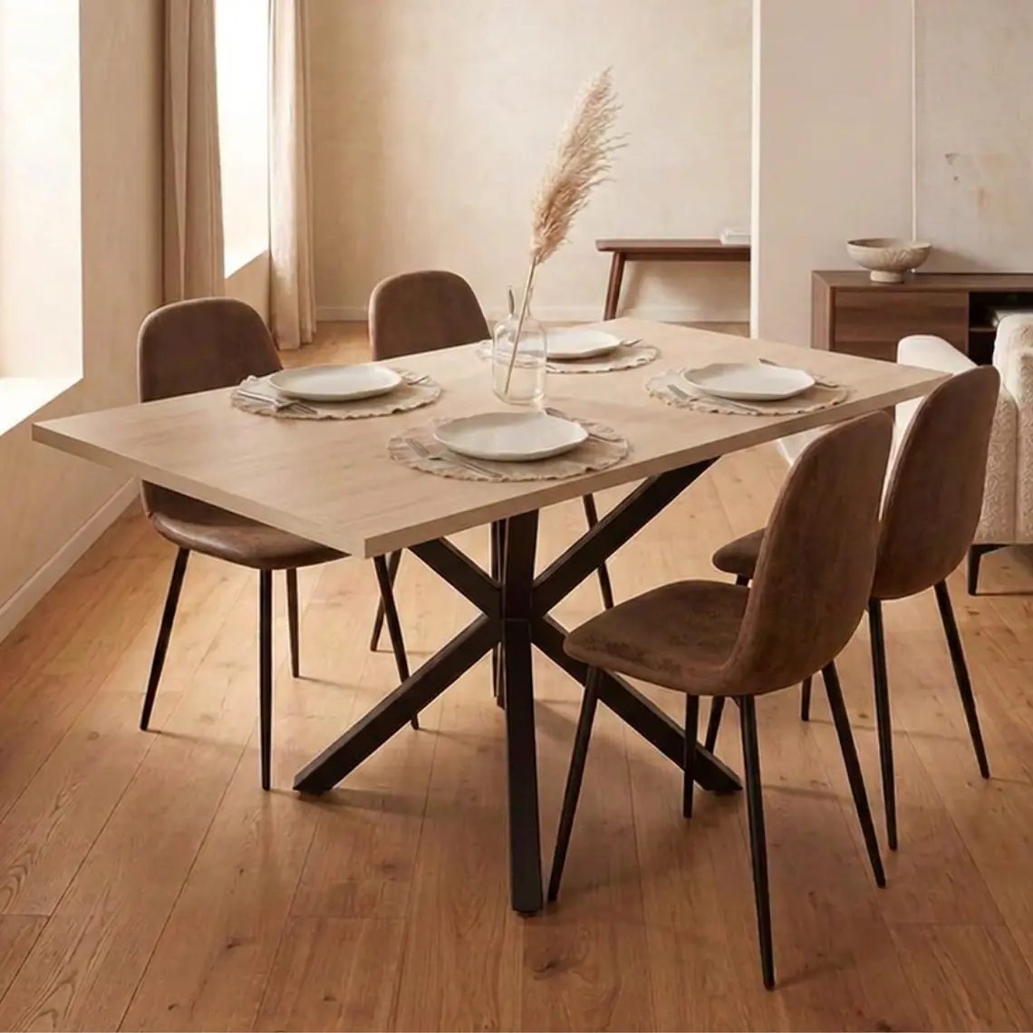 Comedor Mesa Asgard Black rectangular Madera 140x90 cm con 4 Sillas Spoon Black Ecocuero Vintage Café 1