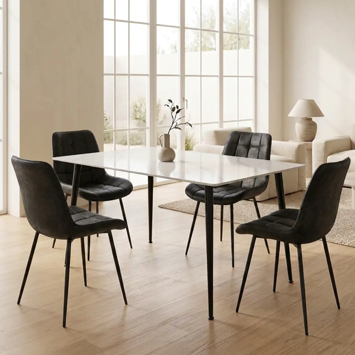 Comedor Mesa rectangular Mármol Black 160x90 cm con 4 Sillas Capitone Black Vintage 1