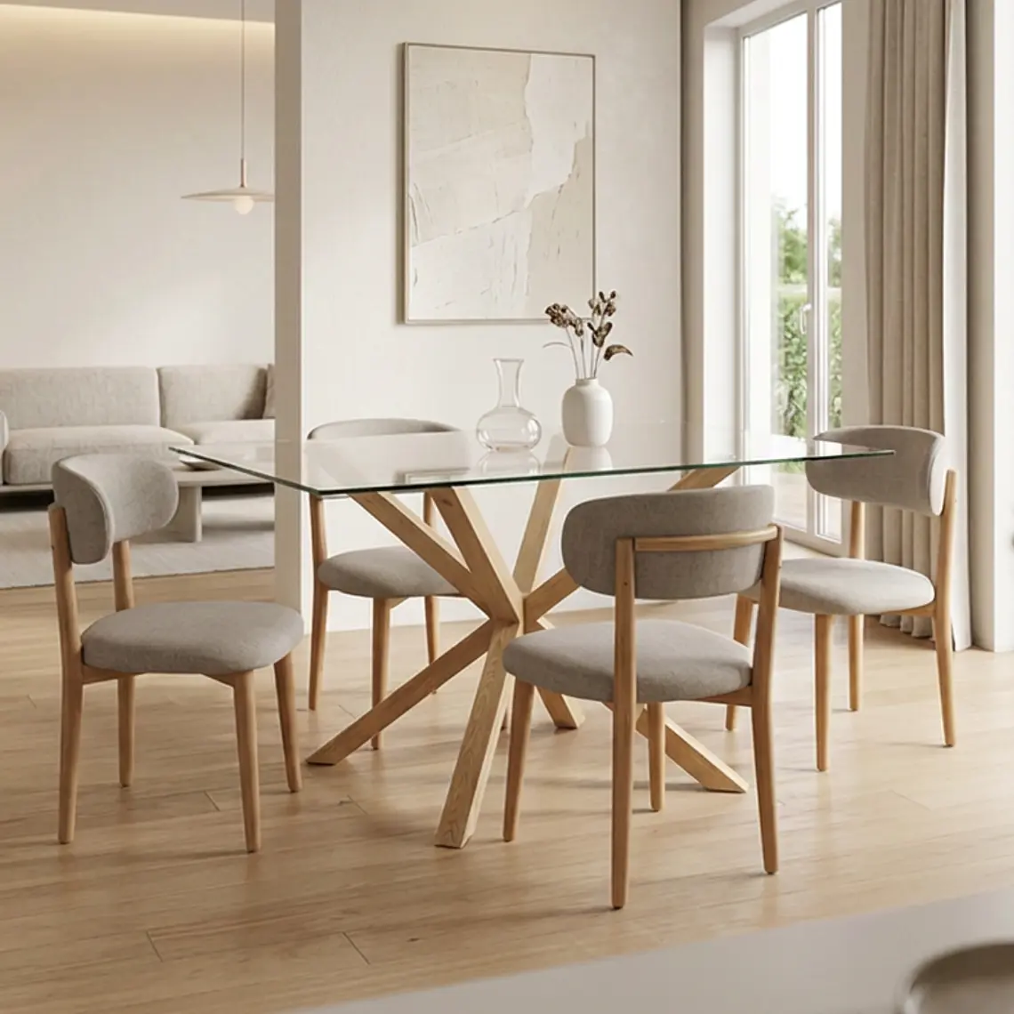Comedor Mesa Asgard rectangular vidrio 160x90 cm con 4 Sillas Arpi Poly Wood - Beige 1