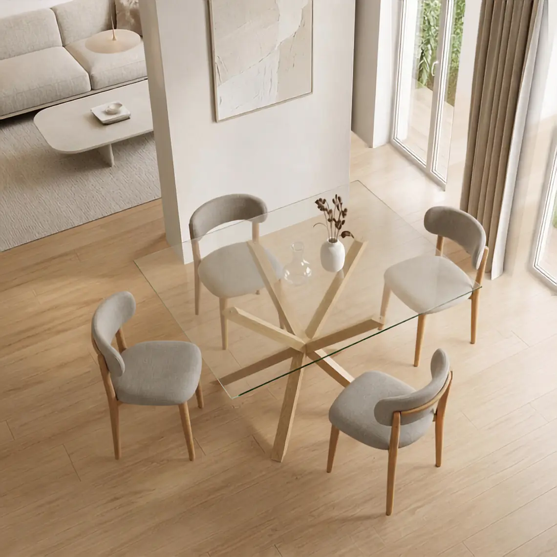 Comedor Mesa Asgard rectangular vidrio 160x90 cm con 4 Sillas Arpi Poly Wood - Beige 2