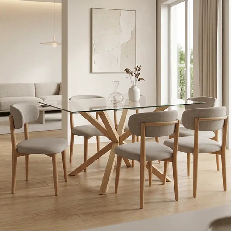 Comedor Mesa Asgard rectangular vidrio 160x90 cm con 6 Sillas Arpi Poly Wood - Beige 1