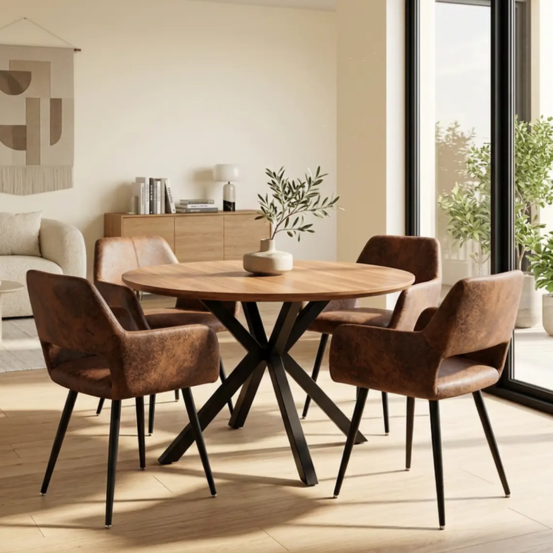 Comedor Mesa Asgard Rustik Black redondo 120 cm con 4 Butacas Burgos Ecocuero Vintage Café Oscuro 1