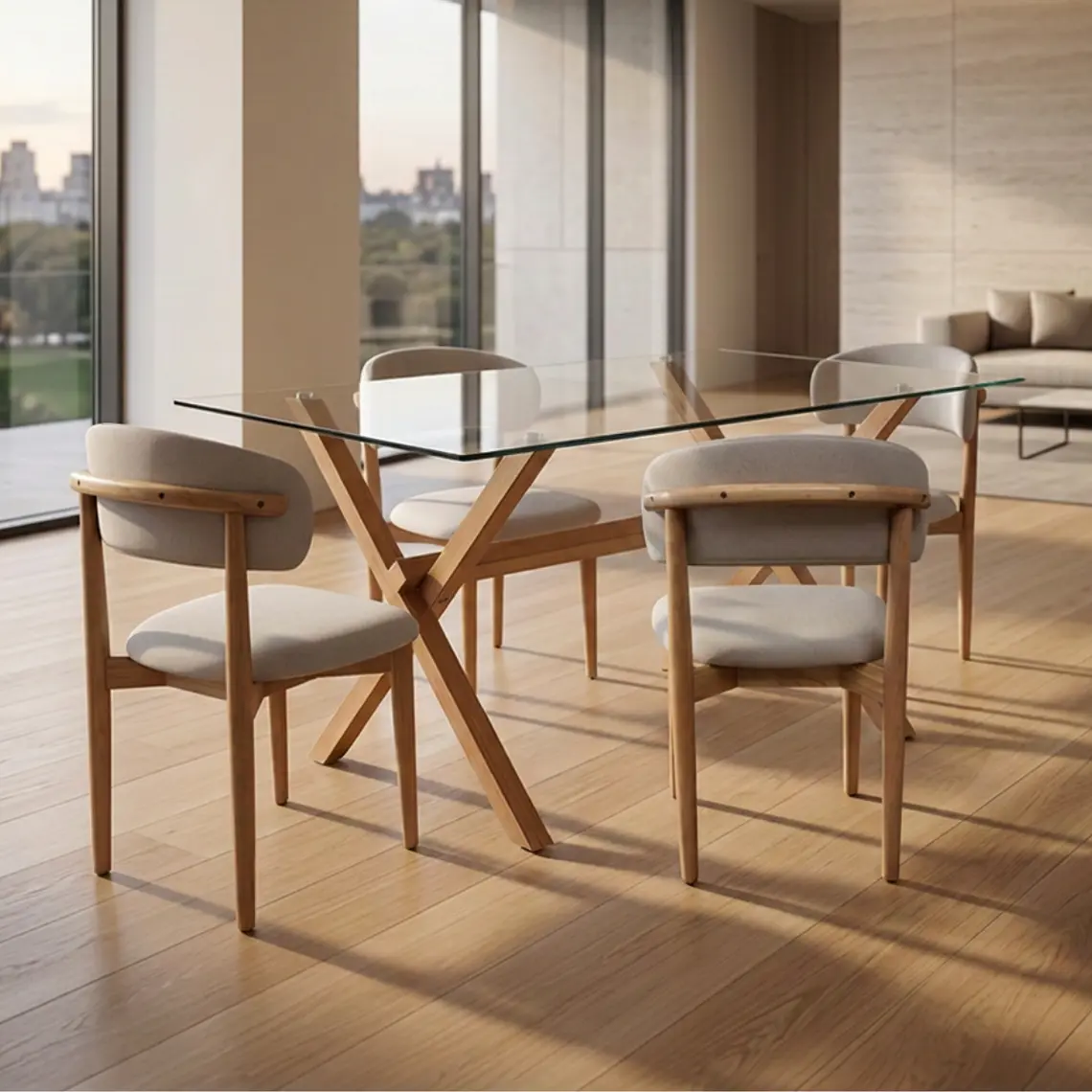 Comedor Mesa rectangular Medlock vidrio 130x80 cm con 4 Sillas Arpi Poly Wood - Beige 1