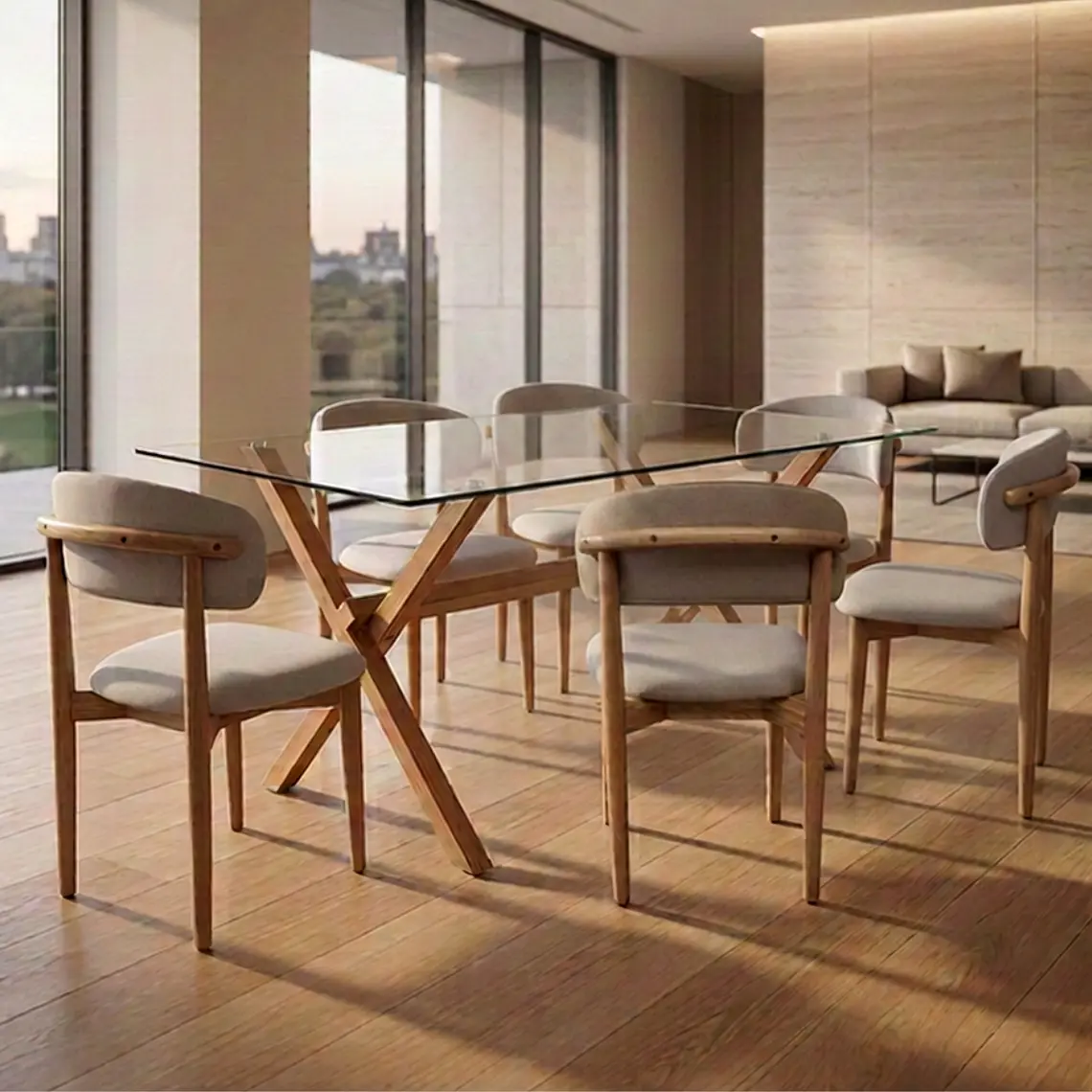 Comedor Mesa rectangular Medlock vidrio 160x90 cm con 6 Sillas Arpi Poly Wood - Beige 1