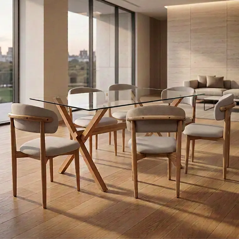 Comedor Mesa rectangular Medlock vidrio 160x90 cm con 6 Sillas Arpi Poly Wood - Beige 1