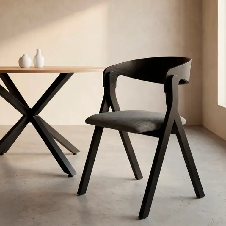 Comedor Mesa Asgard Rustik Black redondo 100 cm con 4 Sillas Ares Acolchadas Negras - Madera y Tela 3