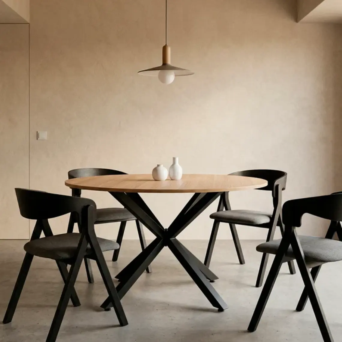 Comedor Mesa Asgard Rustik Black redondo 120 cm con 4 Sillas Ares Acolchadas Negras - Madera y Tela 1