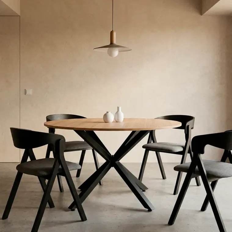 Comedor Mesa Asgard Rustik Black redondo 120 cm con 4 Sillas Ares Acolchadas Negras - Madera y Tela 1