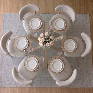 Comedor Mesa Asgard redonda vidrio 120 cm con 6 Sillas Arpi Poly Wood - Beige