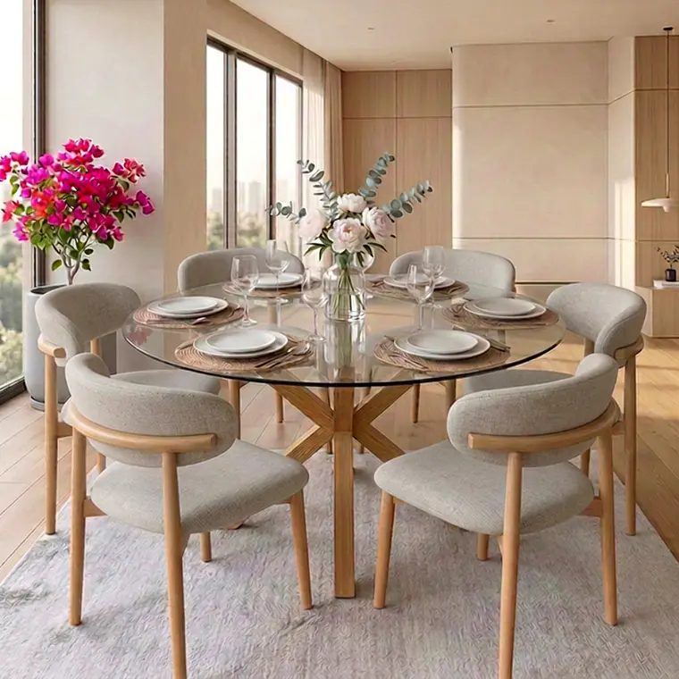 Comedor Mesa Asgard redonda vidrio 120 cm con 6 Sillas Arpi Poly Wood - Beige 1