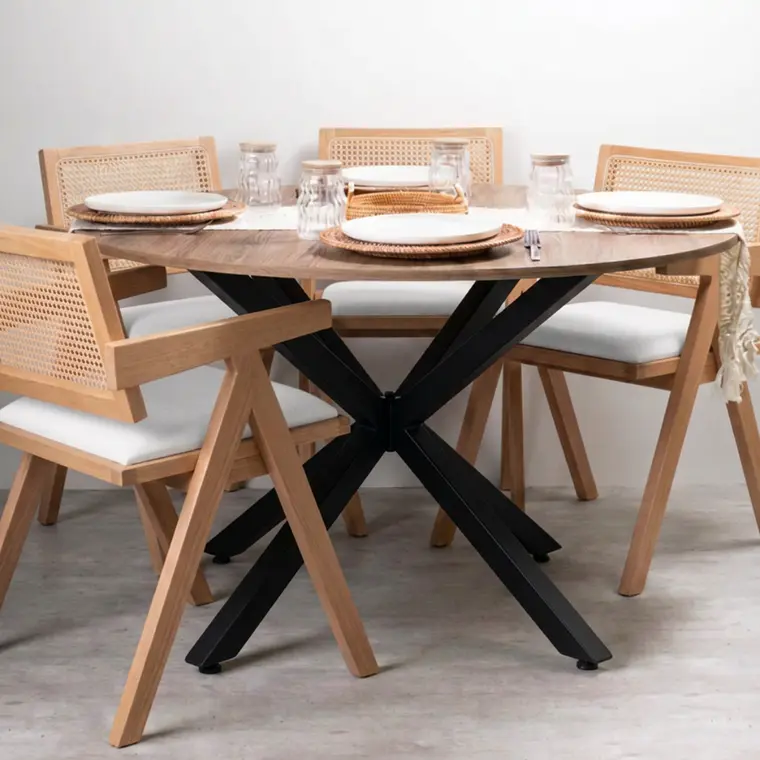 Comedor Mesa Asgard Rustik Black redondo 100 cm con 4 Sillas Chandigarh Acolchadas Lino  2