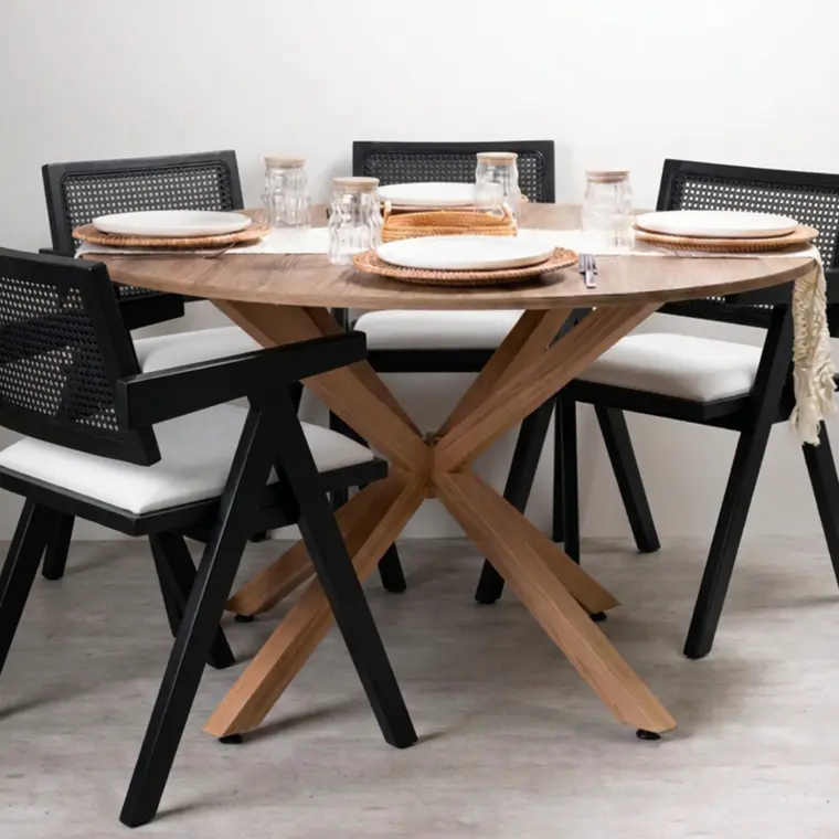 Comedor Mesa Asgard Rustik Wood redondo 100 cm con 4 Sillas Chandigarh Acolchadas Lino  3