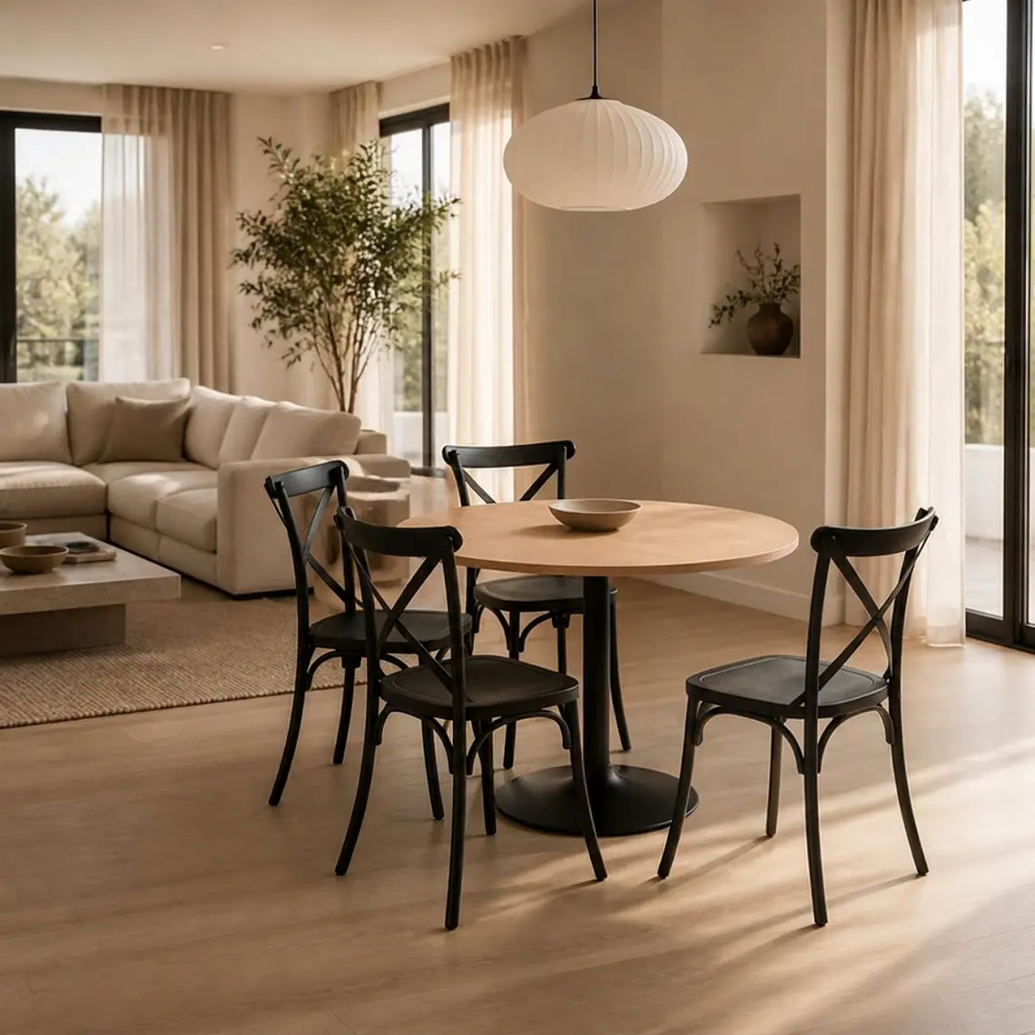 Comedor Mesa Reuniones Wood redonda 80 cm con 4 Sillas Crossback Danubio - Polipropileno 3