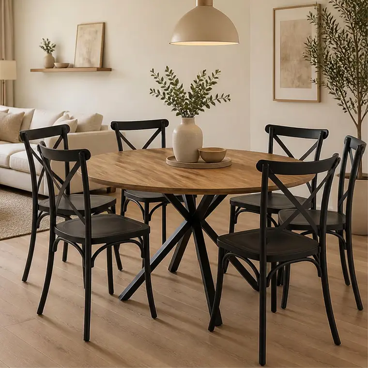 Comedor Mesa Asgard Rustik Black redonda 120 cm con 6 Sillas Crossback Danubio - Polipropileno 1
