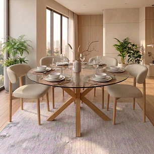 Comedor Mesa Asgard redonda vidrio 100 cm con 4 Sillas Arpi Sky Lino